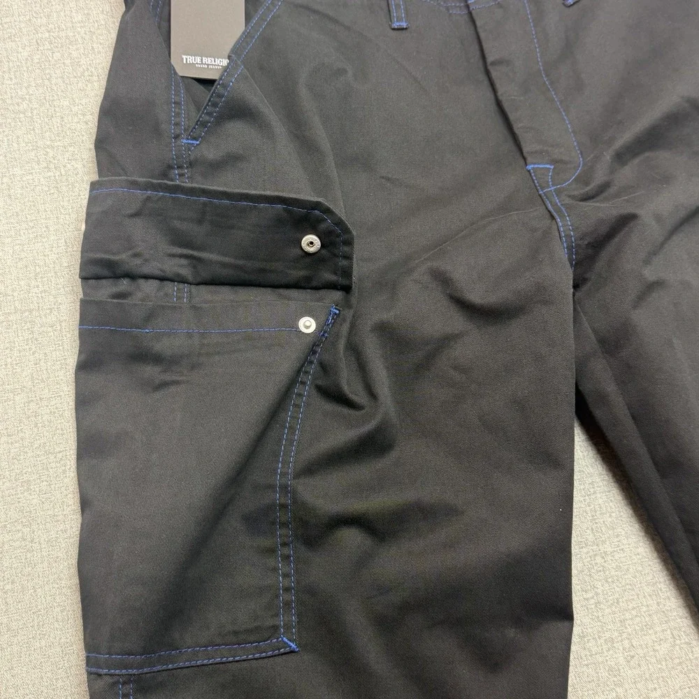 True Religion Mens Cargo Pants Black Pacific Blue Contrast Stitch Size 34 NEW